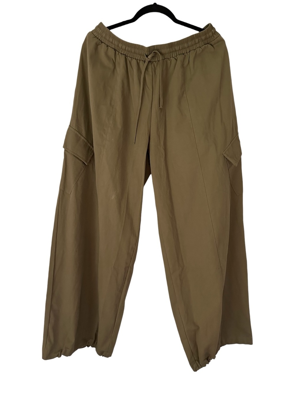 Olive Green Relaxed Drape Cotton Cargo Pants Parachute Adjustable Ankle Ties